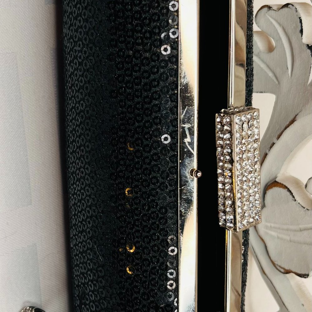 Vintage Black Sequin Cylindrical Clutch, Silver Chain, Elegant, 2000s - Picture 3 of 10